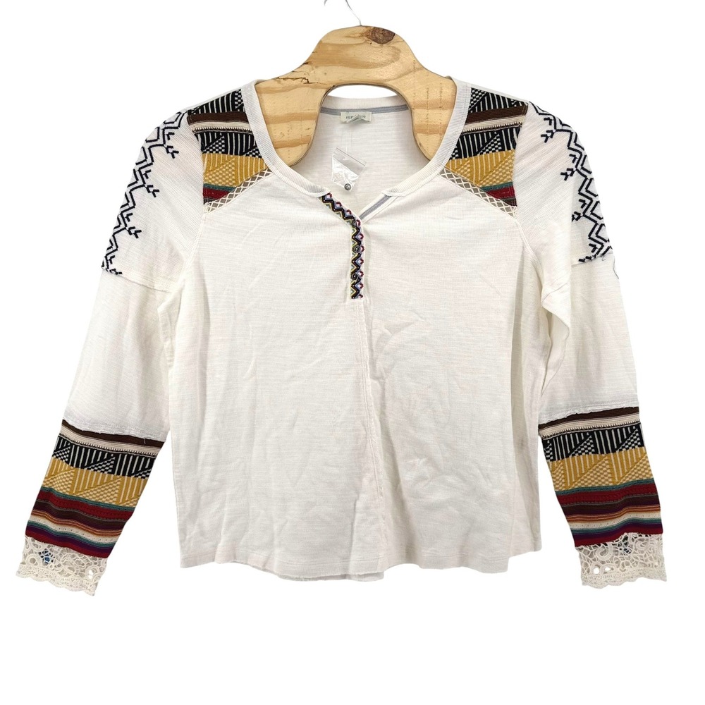 Sundance Women XXL White Cotton Slub Henley Top Boho Tribal Embroidered Lace NEW